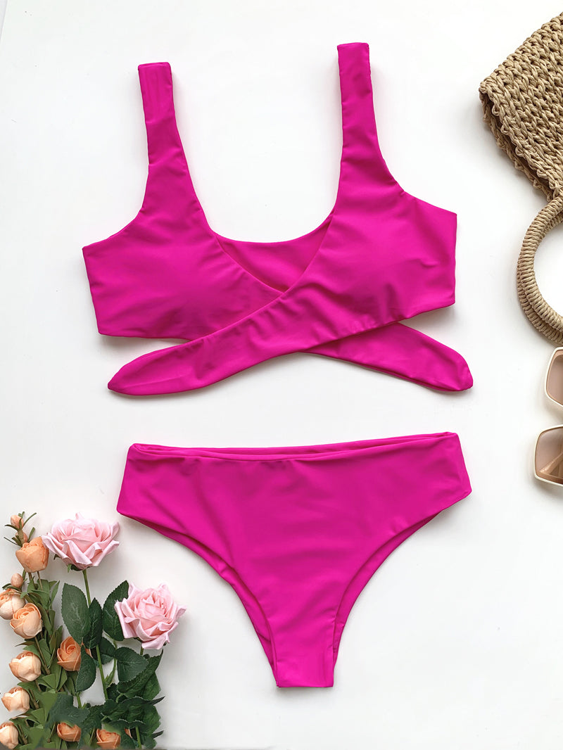 Solid Color Semi-High Waist Front Tie Tankini Swimwear