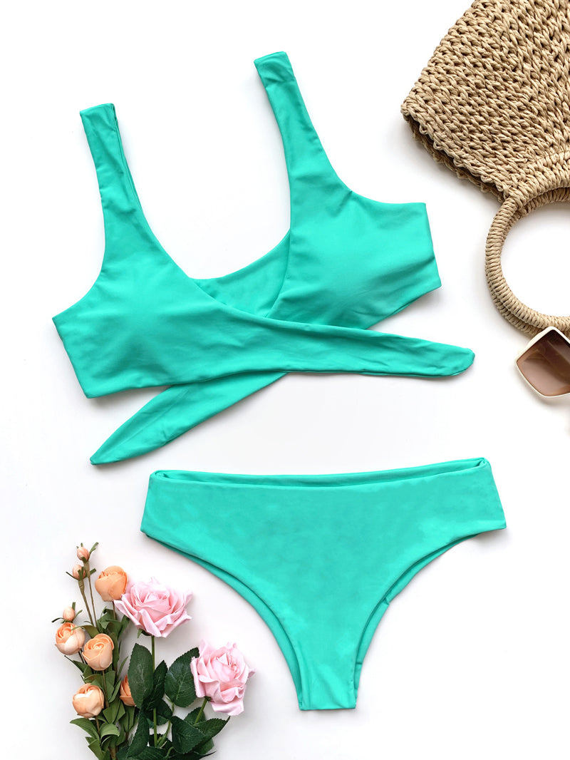 Solid Color Semi-High Waist Front Tie Tankini Swimwear