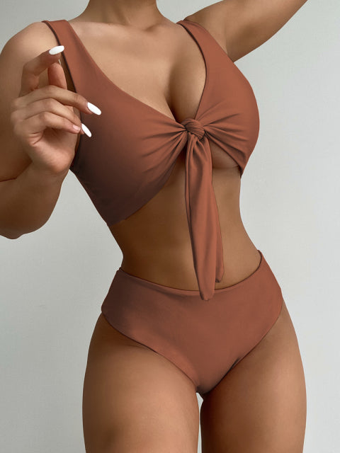 Solid Color Semi-High Waist Front Tie Tankini Swimwear