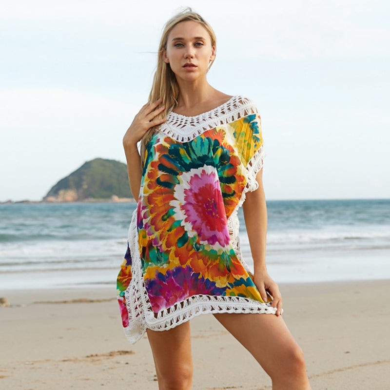 Bikini Color Printing Cotton Crochet Knitted Tunic Cover Ups