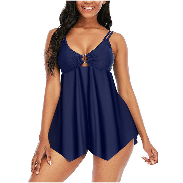 Solid V-neck Padded Plus Size Tankini