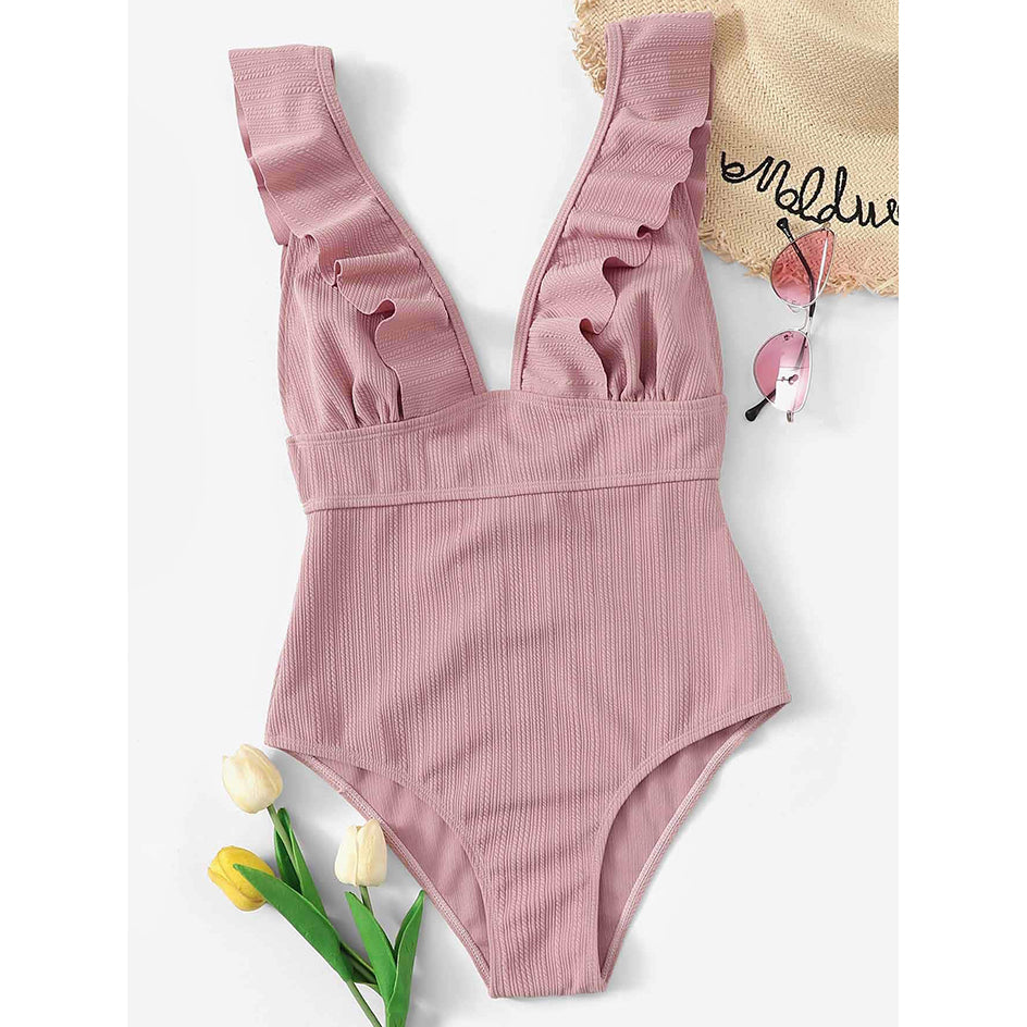 Pink Ruffle Deep V Neck One Piece Monokini