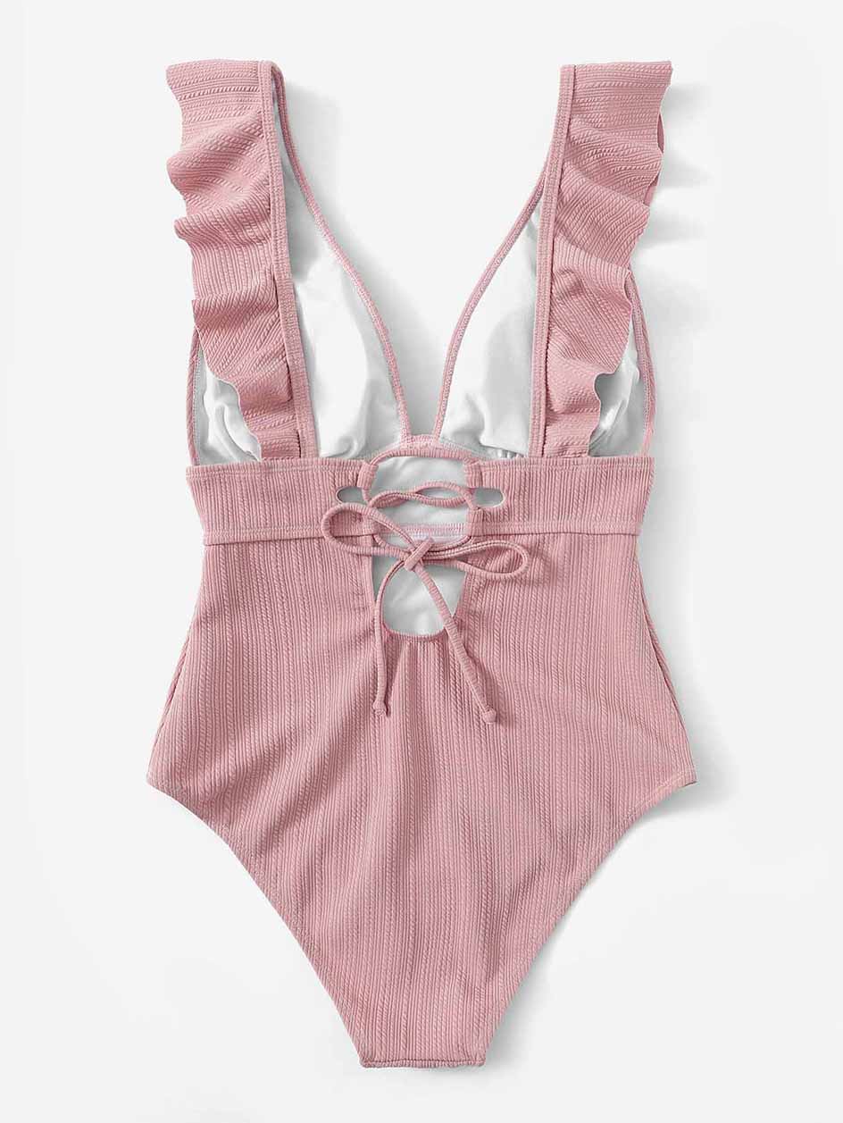 Pink Ruffle Deep V Neck One Piece Monokini