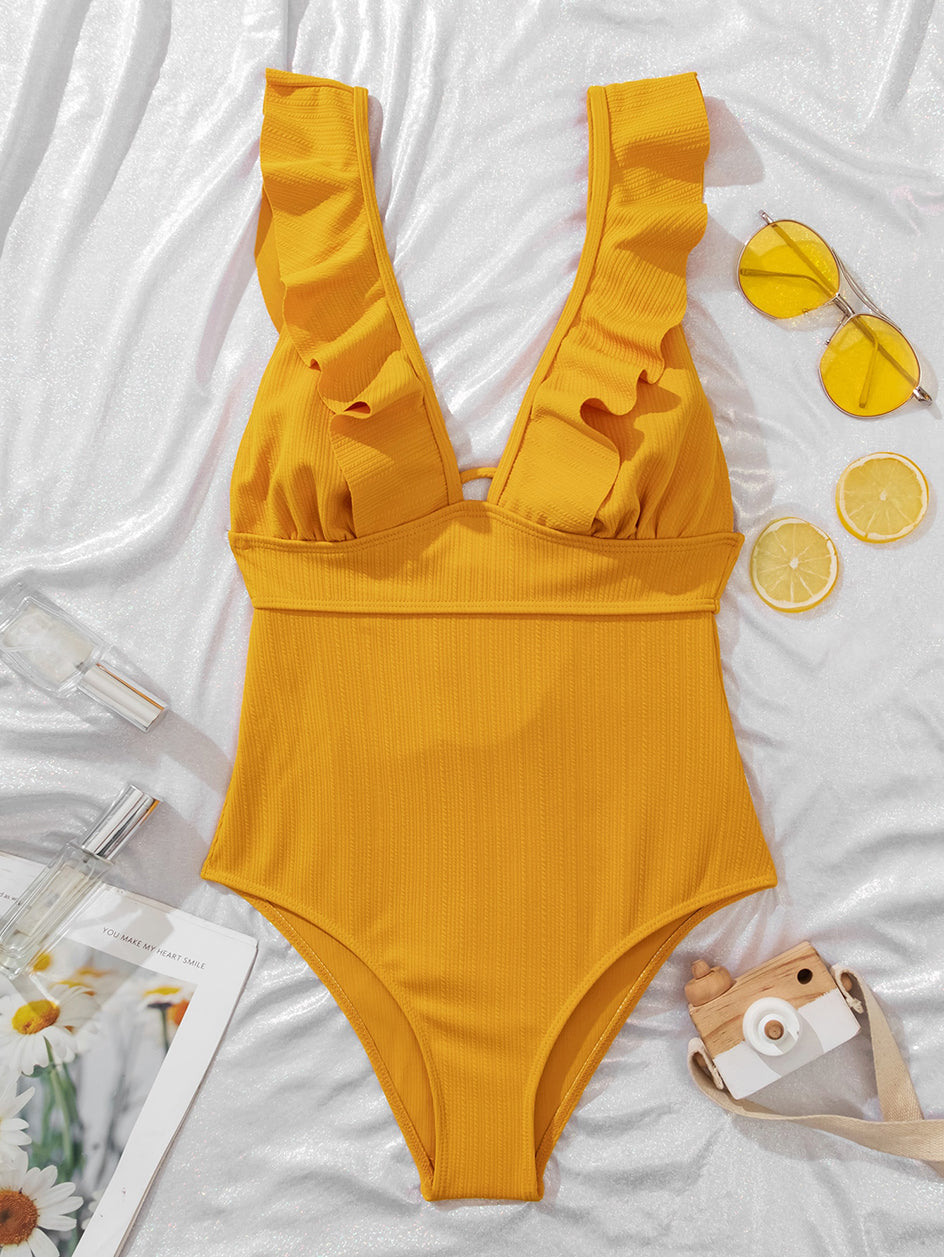 Yellow Ruffle Deep V Neck One Piece Monokini