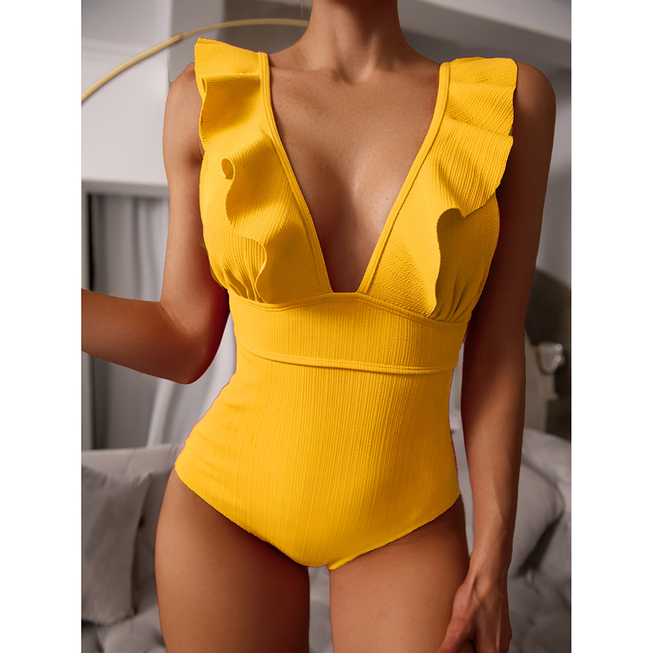 Yellow Ruffle Deep V Neck One Piece Monokini