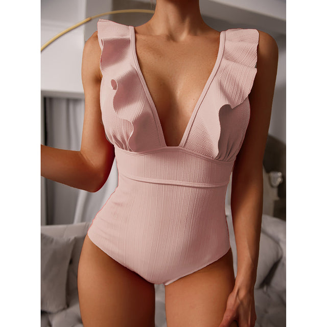 Pink Ruffle Deep V Neck One Piece Monokini