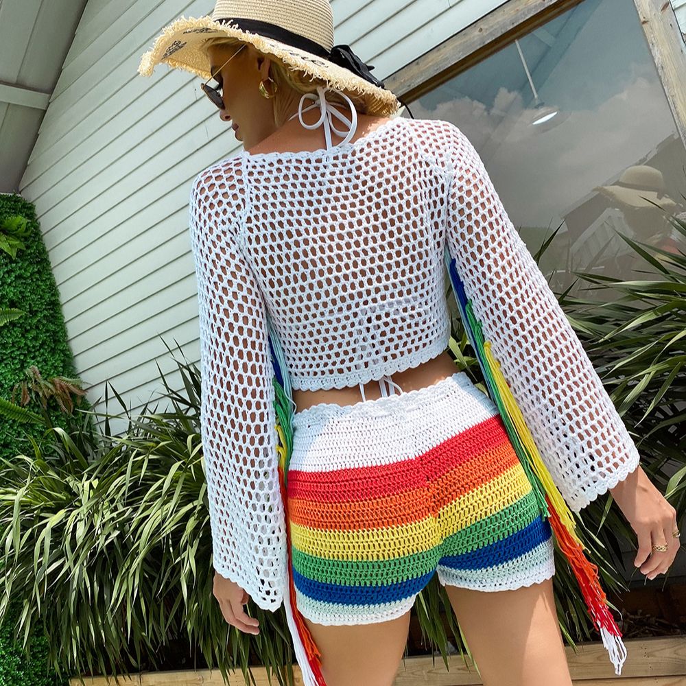 Crochet Rainbow Fringe Tassel Beach Cover Up Hollow Out