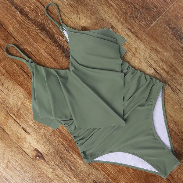 High Waist Bikini Solid Color Ruffle Tankini