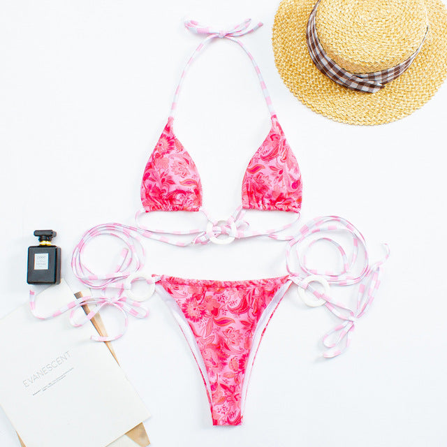 Brazilian Pink Print Triangle Micro String High Cut Bikini