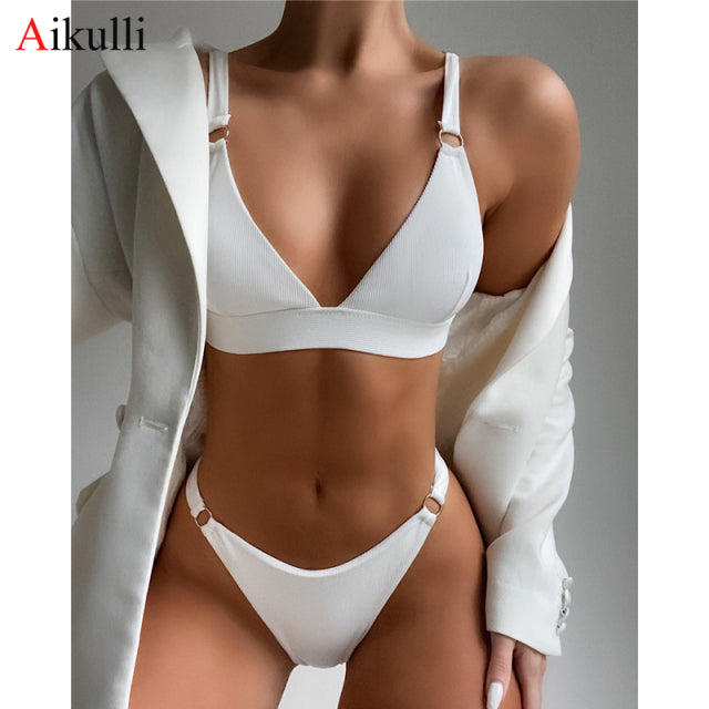 Solid Color Ribbed Push Up o'ring Swimwear