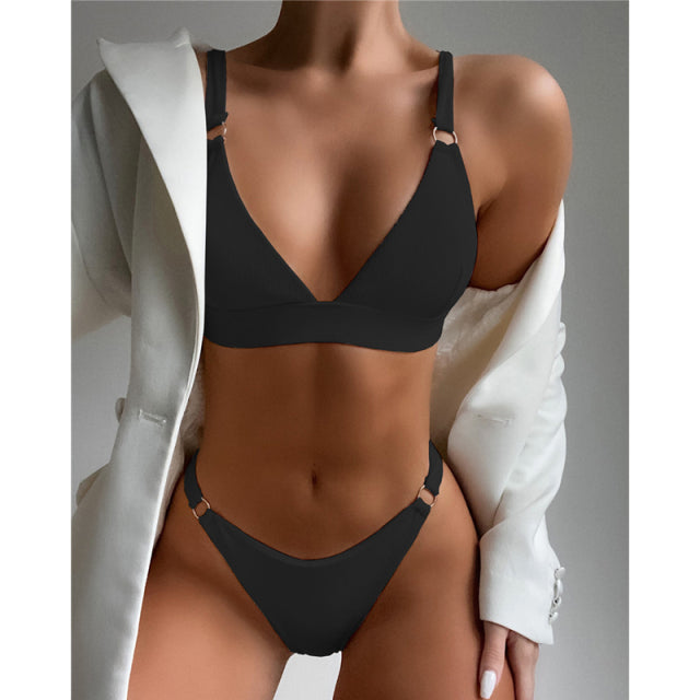 Solid Color Ribbed Push Up o'ring Swimwear