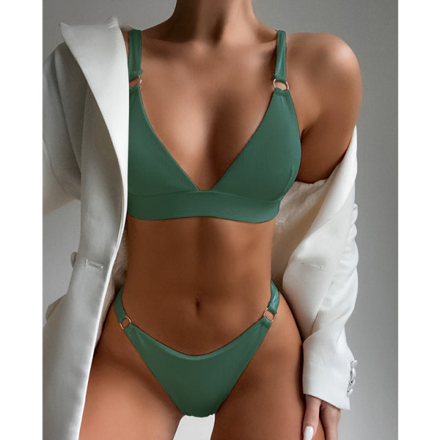 Solid Color Ribbed Push Up o'ring Swimwear