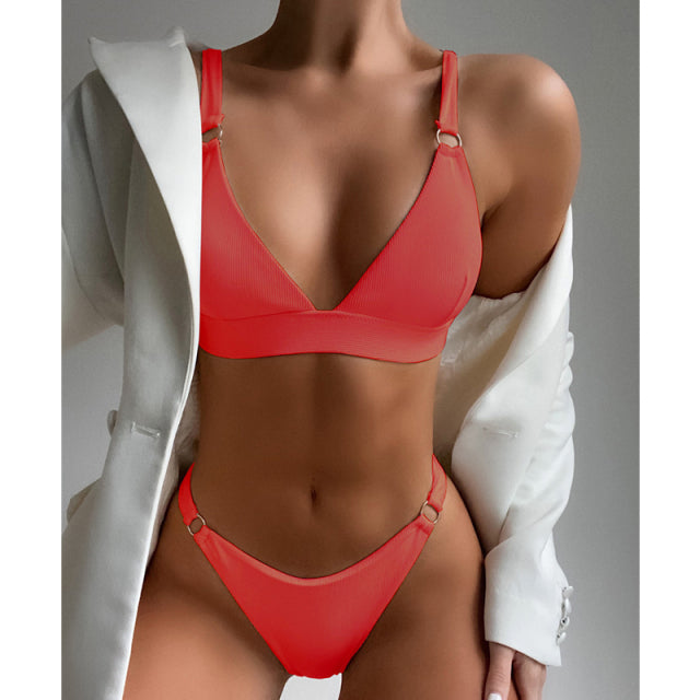 Solid Color Ribbed Push Up o'ring Swimwear