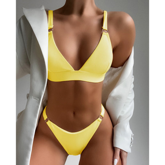 Solid Color Ribbed Push Up o'ring Swimwear