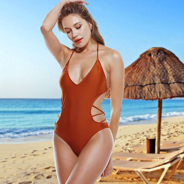 Plunge V Neck Open Back Side Cross Strap Monokini