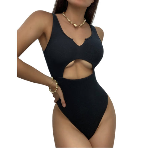 Cutout V-Neck Solid Color Stretch Monokini