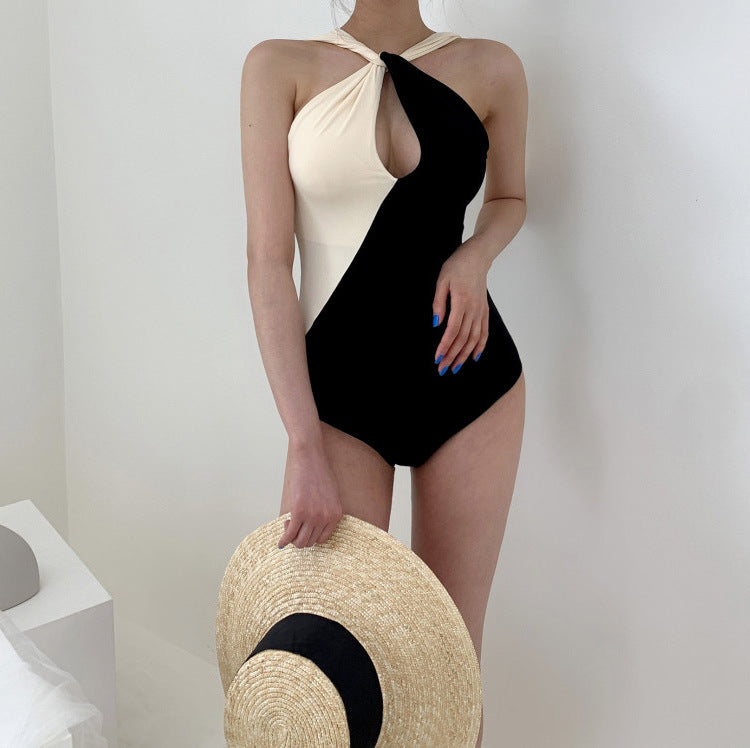 Sexy Patchwork Hollow Cutout Halter Backless Monokini