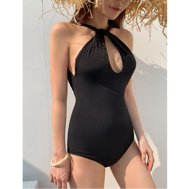 Sexy Patchwork Hollow Cutout Halter Backless Monokini