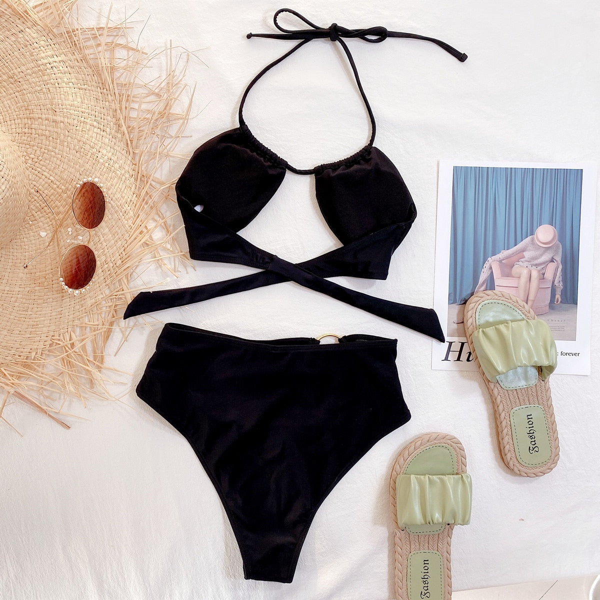 Black Solid Color Sexy Cutout 2 Piece Set O'ring Swimwear