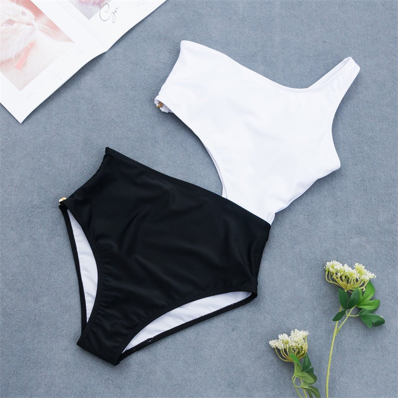 Teen Style Black White Patchwork One Shoulder Monokini