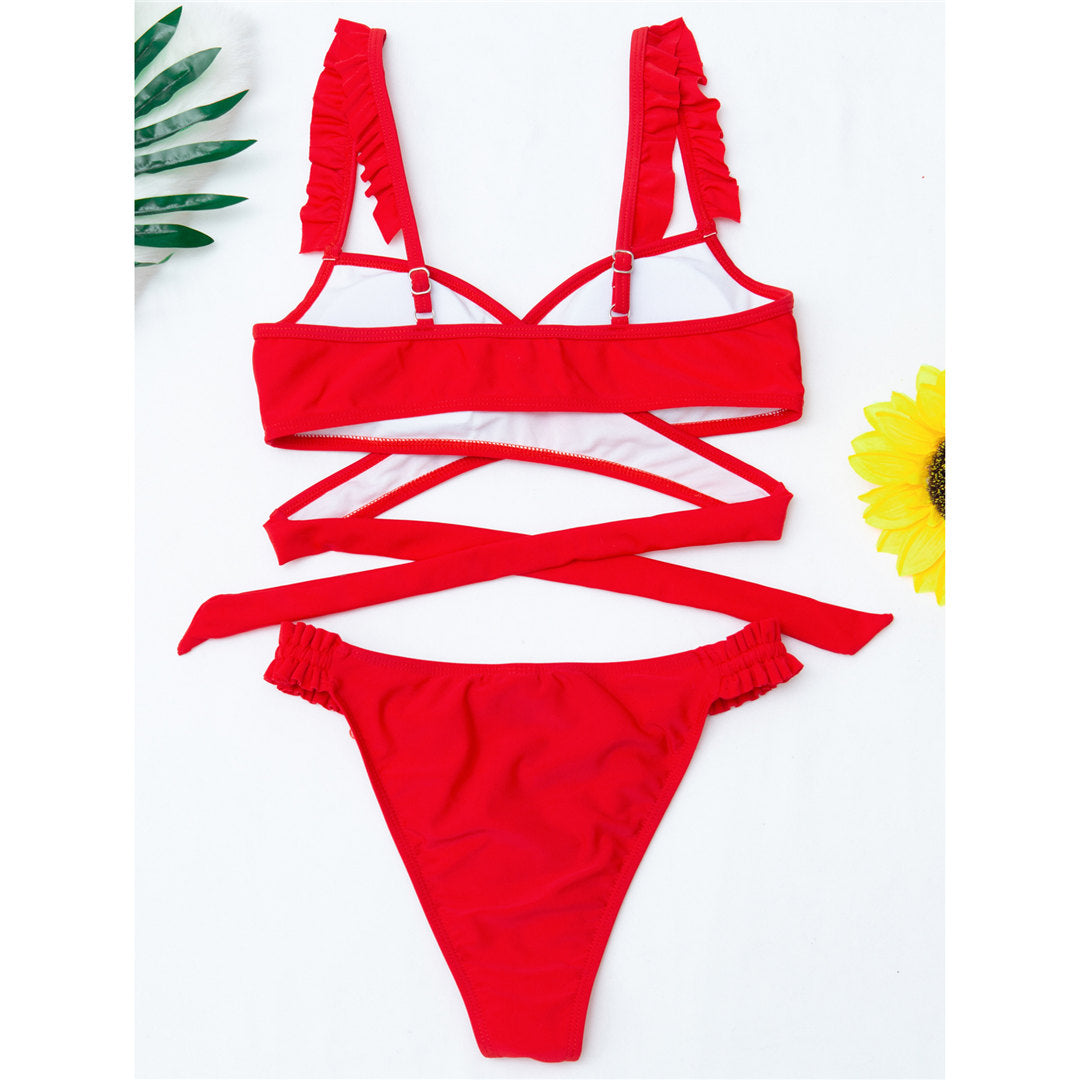 Split High Leg Cut Frilled Red Bandage Wrap Around Bikini