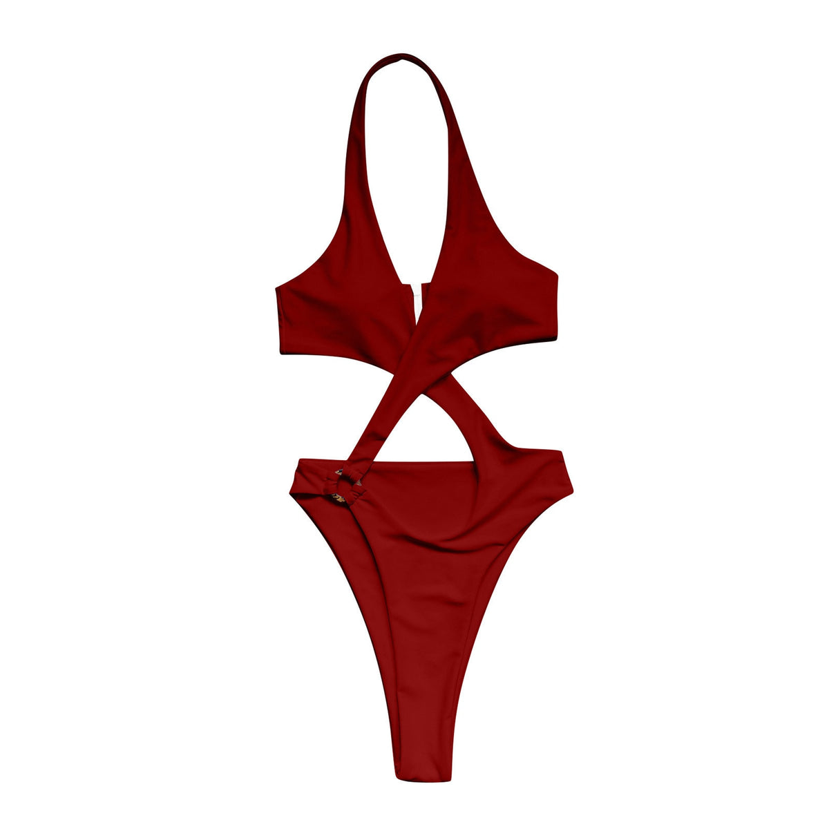 One Piece Solid Red Cross Backless High Cut O'ring Monokini