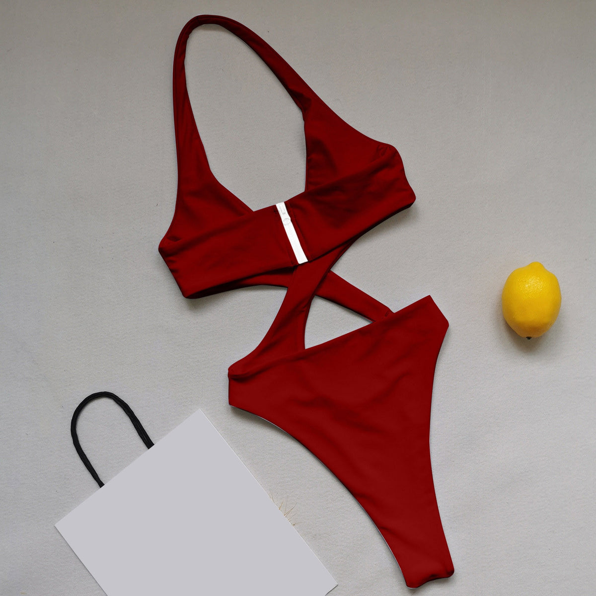 One Piece Solid Red Cross Backless High Cut O'ring Monokini