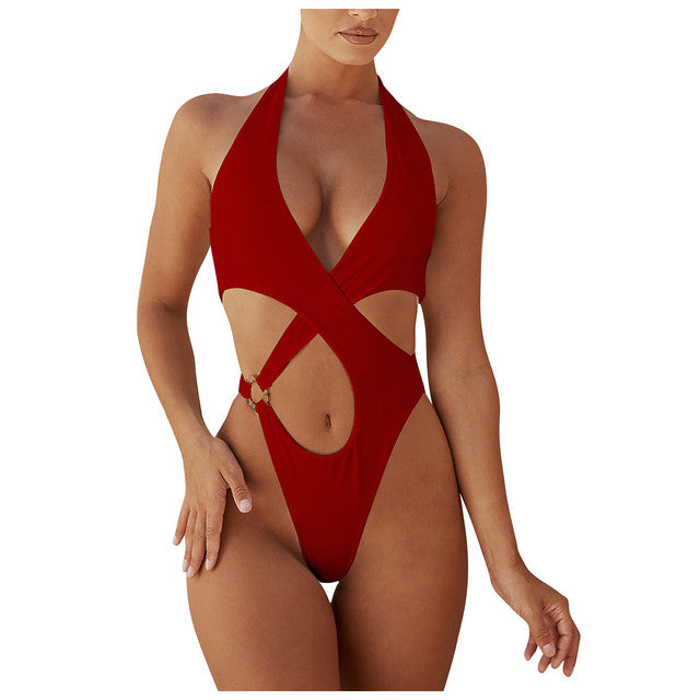 One Piece Solid Red Cross Backless High Cut O'ring Monokini