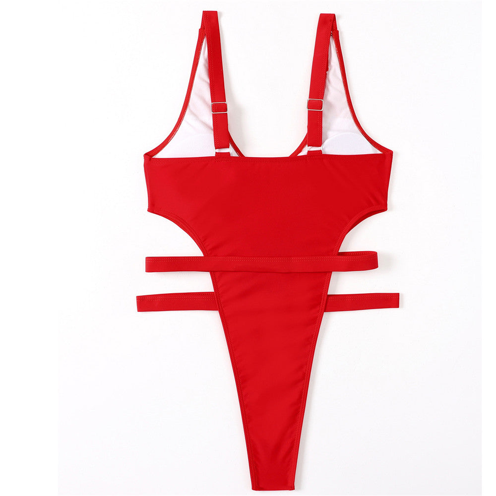 Red Hollow Out High Cut Out Monokini