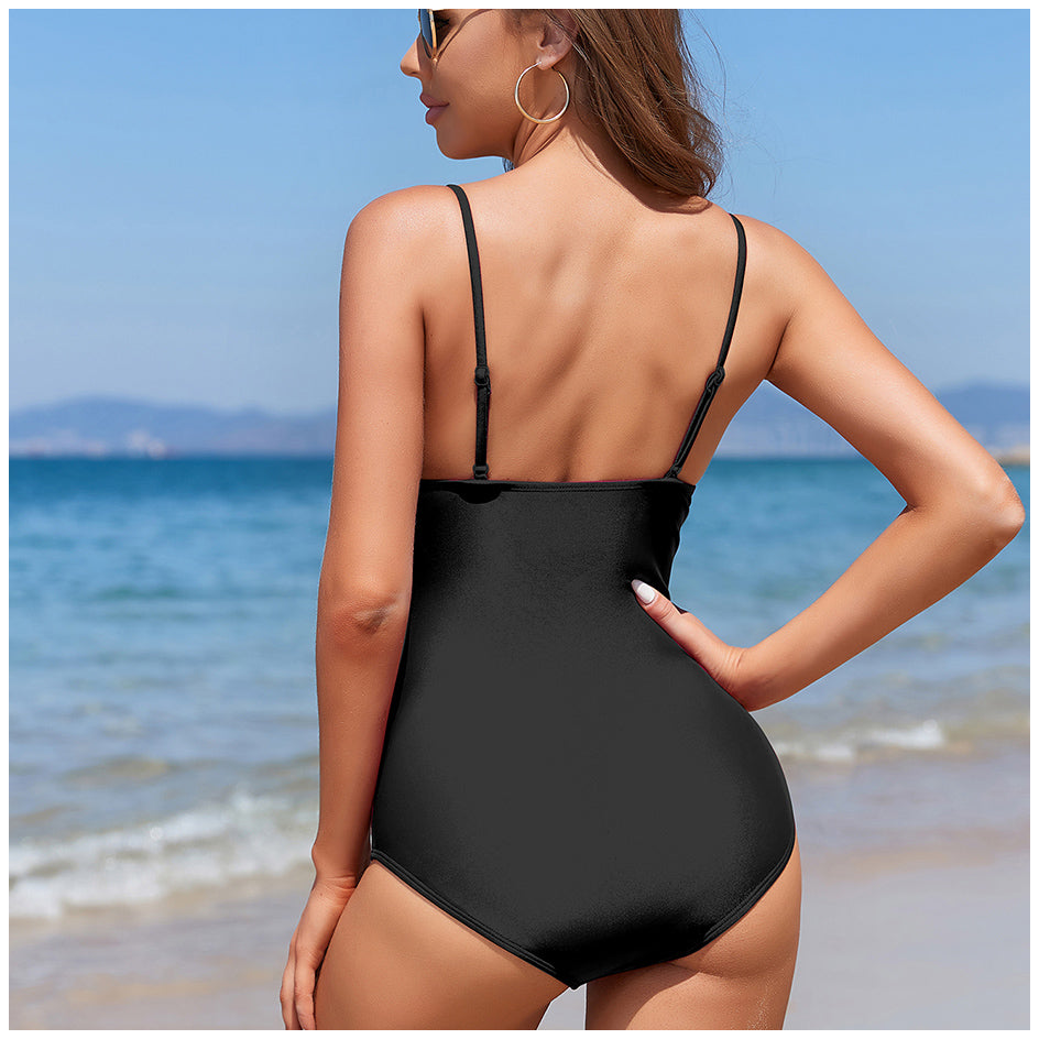 Black Ruffle One Piece Solid Ruched Scoop Neckline Backless Classic Monokini