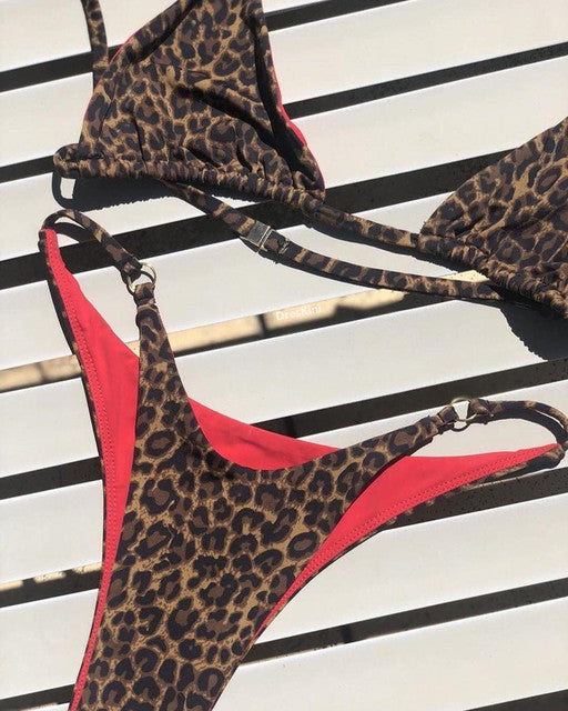 Leopard Thong Red Lined Bikini Set