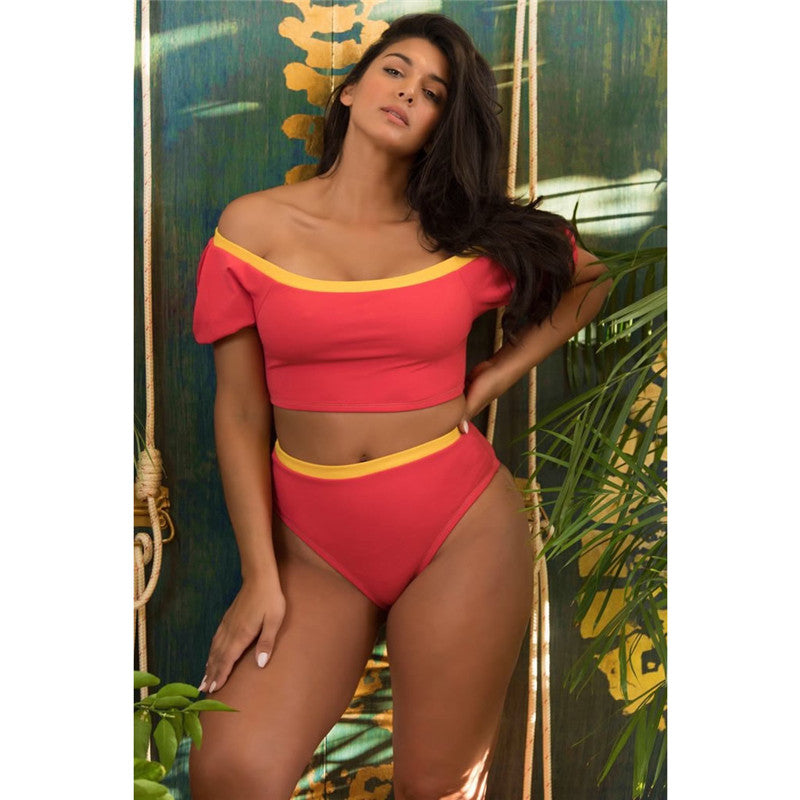 Plus Size Off The Shoulder Short Sleeve Bikini Red/Yellow High Waisted