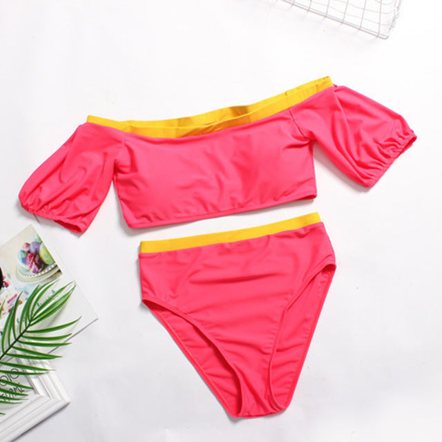 Plus Size Off The Shoulder Short Sleeve Bikini Red/Yellow High Waisted