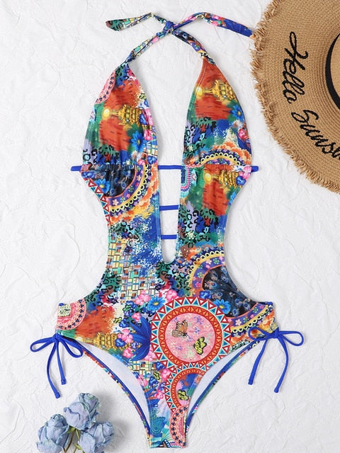 Cut Out Tropical Print Plunging Neckline High Waist Monokini