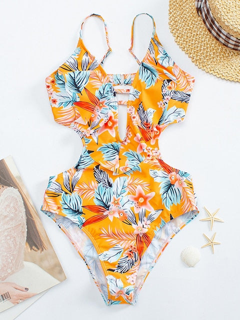 Cut Out Tropical Print Plunging Neckline High Waist Monokini