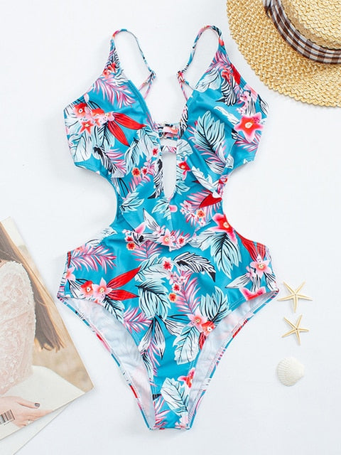 Cut Out Tropical Print Plunging Neckline High Waist Monokini