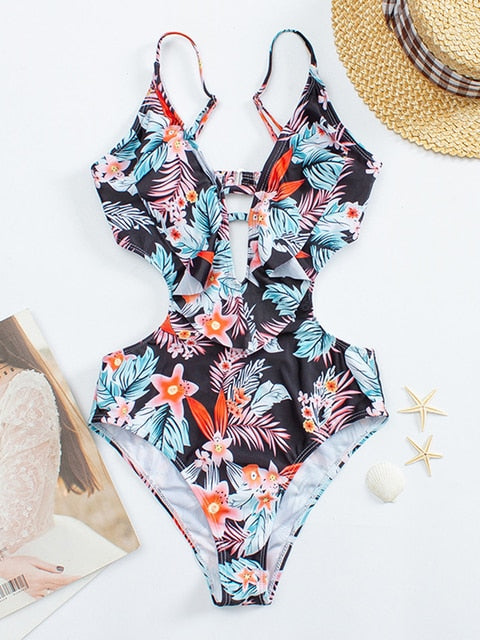 Cut Out Tropical Print Plunging Neckline High Waist Monokini