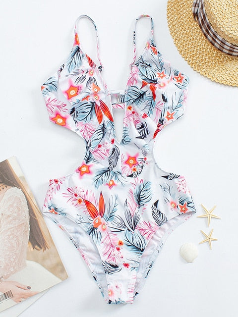 Cut Out Tropical Print Plunging Neckline High Waist Monokini