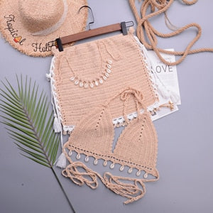 Crochet Holter Top Tassel Bohemian Skirted Bottom Seashell Set