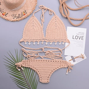 3 Pieces Crochet Shell Tassel Top And Seashell Ankle Chain Thong Hollow Out Low Waist Bottom Bikini Set