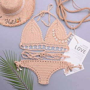 3 Pieces Crochet Shell Tassel Top And Seashell Ankle Chain Thong Hollow Out Low Waist Bottom Bikini Set