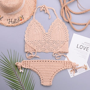 Crochet Halter Top G String Thong Bikini Set