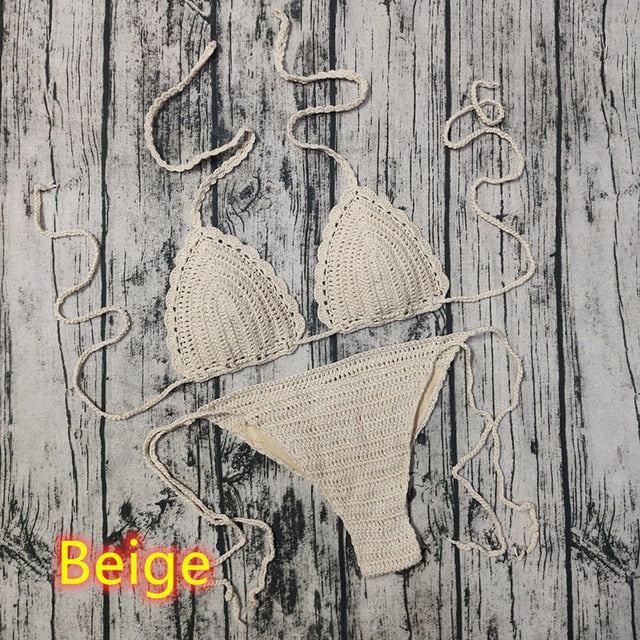 Triangle Halter Top Pattern Knitting Crochet Vintage Tie Side Brazilian Thong Bikini Set