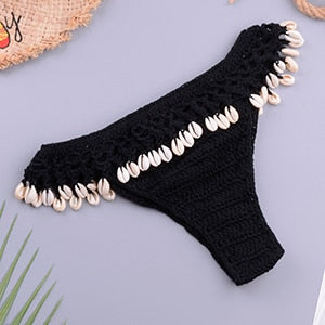 Sexy Crochet Knitted High Cut Triangle Seashell Thong Bikini