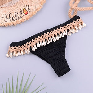 Sexy Crochet Knitted High Cut Triangle Seashell Thong Bikini