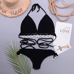 3 Pieces Crochet Shell Tassel Top And Seashell Ankle Chain Thong Hollow Out Low Waist Bottom Bikini Set