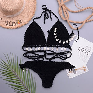 3 Pieces Crochet Shell Tassel Top And Seashell Ankle Chain Thong Hollow Out Low Waist Bottom Bikini Set