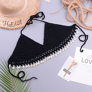 Two Pieces Crochet Push Up Holter Seashell Top Swimwear Cover Up