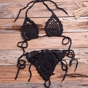 Crochet Minimal Halter Top Tie Side High Cut Triangle Thong Bikini Set