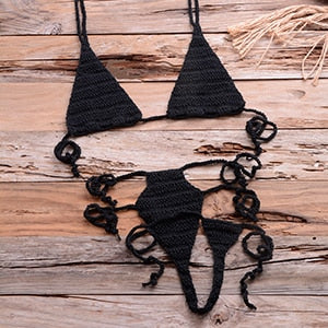 Crochet High-Cut Waist-Tie Deep V G-String Bikini Set